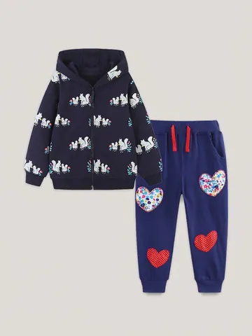 Set Felpa con Cappuccio in Cotone per Bambini Ragazzi Stampa Scoiattolo Cartoon Giacca Cardigan e Pantaloni Sportivi Patchwork a Cuore