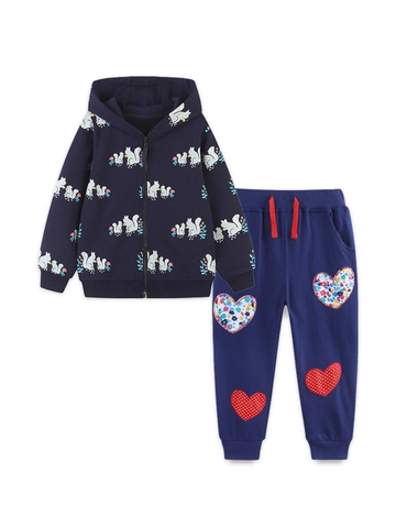 Set Felpa con Cappuccio in Cotone per Bambini Ragazzi Stampa Scoiattolo Cartoon Giacca Cardigan e Pantaloni Sportivi Patchwork a Cuore