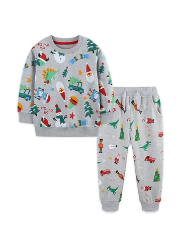 Set Felpa Natalizia in Cotone per Bambini a Maniche Lunghe con Stampa Cartone Animato Dinosauro Babbo Natale Top e Pantaloni per Ragazze