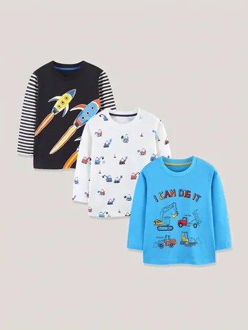 Maglietta a Maniche Lunghe da Bambino Confezione Multipla in Cotone Con Stampa di Razzo e Veicoli da Cantiere Casual Autunno Primavera
