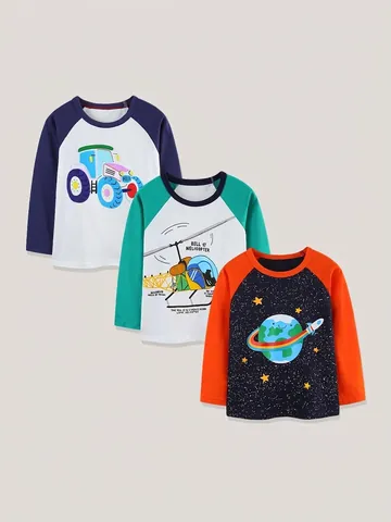 Maglietta a Maniche Lunghe in Cotone per Ragazzi Confezione da 3 Stampe Cartoon Trattore Elicottero Spazio Maniche Raglan Girocollo