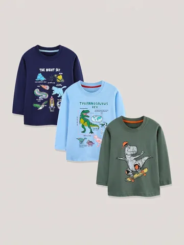 Boys Long Sleeve Cotton T-Shirt Dinosaur Space Astronomy Theme Printed Crew Neck Casual Triple Color Pullover Top For Autumn
