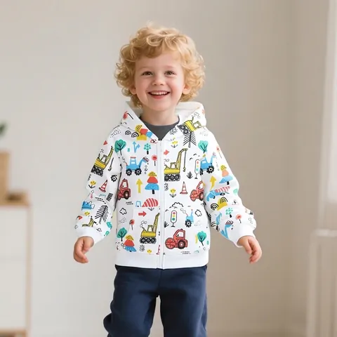 Jungen Cartoon Baufahrzeug Druck Kapuzenjacke Baumwollmischung Kleinkinder Reißverschluss Mantel Herbst Winter Oberbekleidung Lässige Jungenkleidung