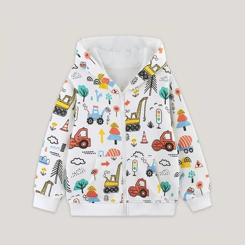 Jungen Cartoon Baufahrzeug Druck Kapuzenjacke Baumwollmischung Kleinkinder Reißverschluss Mantel Herbst Winter Oberbekleidung Lässige Jungenkleidung