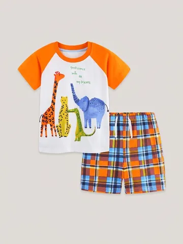 Jongens Zomer Katoen T-shirt En Geruite Shorts Tweeledige Set Cartoon Dierenprint Raglanmouwen Casual Kinderkleding Set
