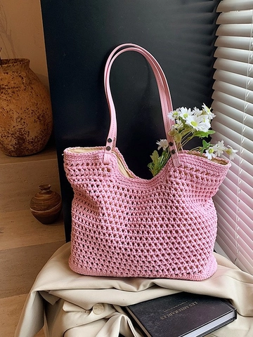 Große Kapazität Gewebte Tragetasche Für Damen Sommer Strand Häkeln Schultertasche Handgemachte Ajouré Pendler Handtasche