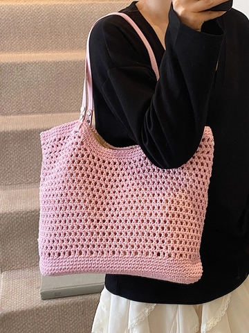 Große Kapazität Gewebte Tragetasche Für Damen Sommer Strand Häkeln Schultertasche Handgemachte Ajouré Pendler Handtasche
