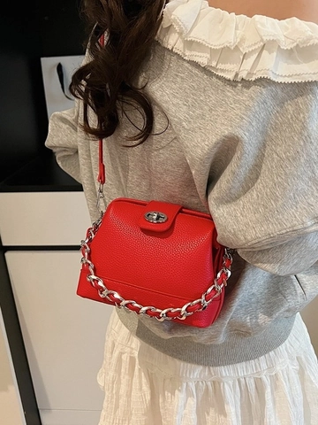 Borsa a Secchiello in Pelle PU Martellata Stile Coreano da Donna Minimalista Borsa a Tracolla Con Manico a Catena d'Argento