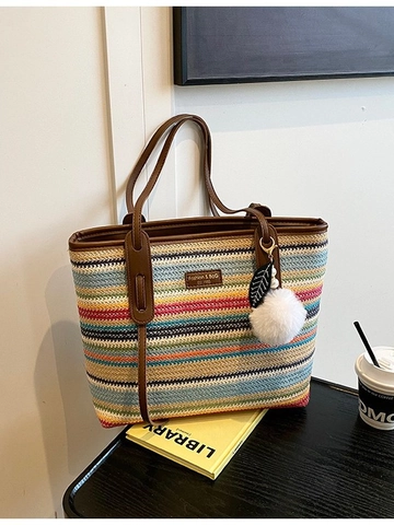 Bohemian Straw Woven Tote Bag For Women Large Capacity Summer Beach Shoulder Bag With Pom Pom Striped Vacation Fashion Handbag