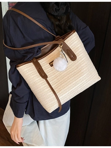Bohemian Straw Woven Tote Bag For Women Large Capacity Summer Beach Shoulder Bag With Pom Pom Striped Vacation Fashion Handbag