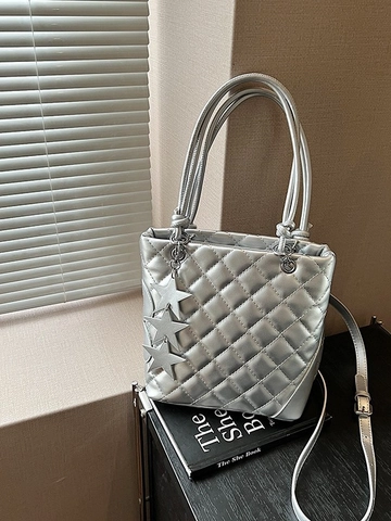 Women Quilted Rhombic PU Leather Bucket Bag With Star Pendant Metallic Versatile Shoulder Crossbody Handbag Korean Fashion