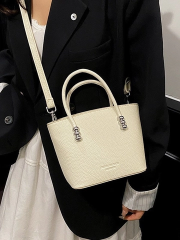Women Minimalist PU Leather Bucket Bag Pebble Pattern Crossbody Handbag With Metal Bead Handle Small Fashion Shoulder Bag