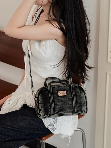 Women Retro Washed Denim Boston Bag Minimalist Small Pillow Crossbody Bag Adjustable Strap Daily Casual Streetwear