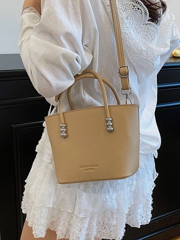 Women Minimalist PU Leather Bucket Bag Pebble Pattern Crossbody Handbag With Metal Bead Handle Small Fashion Shoulder Bag