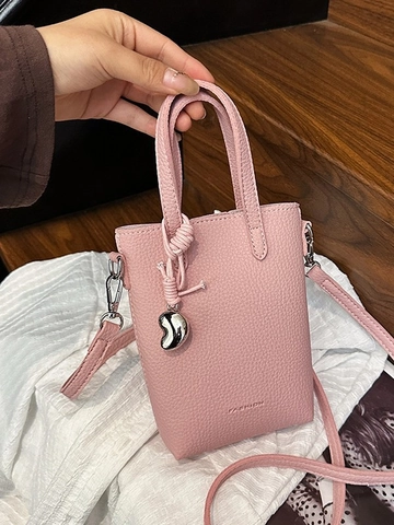 Fashion Women Mini Bucket Bag Lychee Texture PU Leather Crossbody Phone Bag With Heart Pendant Small Tote Shoulder Handbag