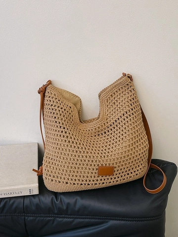 Women Woven Shoulder Bag Large Capacity Hollow Crochet Tote Bag Summer Beach Vacation Casual Underarm Bag With PU Strap