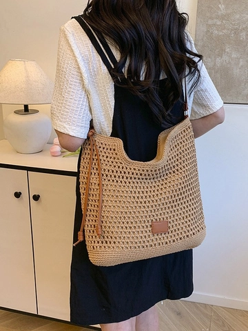 Women Woven Shoulder Bag Large Capacity Hollow Crochet Tote Bag Summer Beach Vacation Casual Underarm Bag With PU Strap