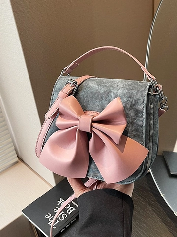 Retro Sweet Bow Decoration Saddle Crossbody Bag For Women Chic Contrast Color PU Fabric Shoulder Bag Handheld Small Flap Square Purse