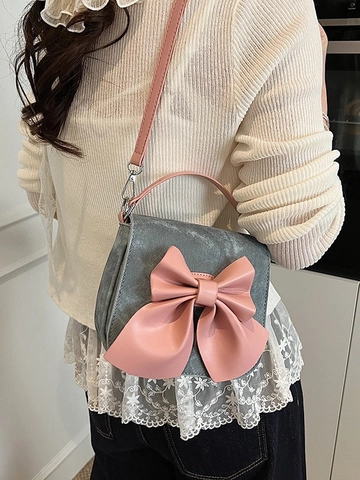 Retro Sweet Bow Decoration Saddle Crossbody Bag For Women Chic Contrast Color PU Fabric Shoulder Bag Handheld Small Flap Square Purse