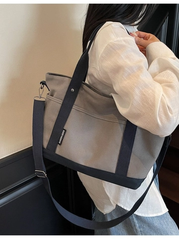 Women Large Capacity Canvas Tote Bag Casual Multi Pocket Shoulder Bag Adjustable Strap Solid Color Crossbody Handbag Travel Bag