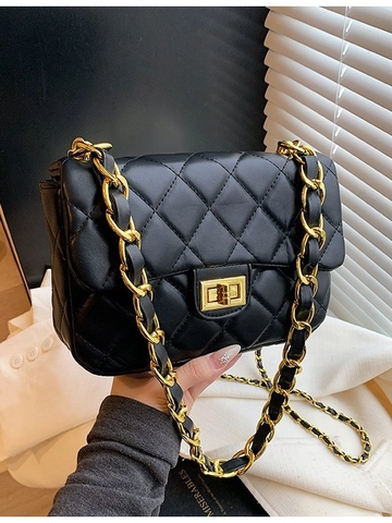 Women Quilted Crossbody Bag PU Leather Chain Strap Small Square Bag Gold Hardware Metal Lock Messenger Shoulder Bag Fashion Ladies Handbag