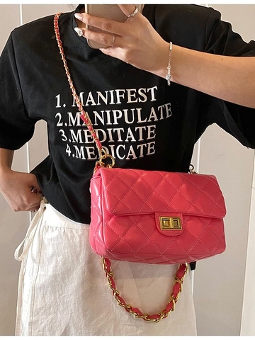 Women Quilted Crossbody Bag PU Leather Chain Strap Small Square Bag Gold Hardware Metal Lock Messenger Shoulder Bag Fashion Ladies Handbag