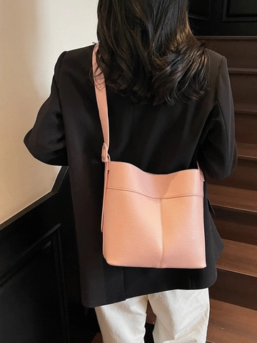 Moda Minimalista Cuero PU Grano de Guijarro Bolso Cubo Y Neceser Interior Gran Capacidad Bolso Bandolera Mujer