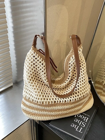 Women Large Capacity Woven Tote Bag Handmade Crochet Hollow Out Shoulder Bag Summer Beach Casual Hobo Bag With Leather Strap