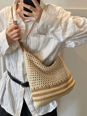 Women Large Capacity Woven Tote Bag Handmade Crochet Hollow Out Shoulder Bag Summer Beach Casual Hobo Bag With Leather Strap