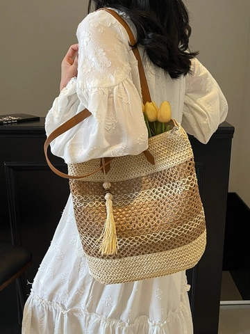 Vintage Large Capacity Straw Woven Tote Bag For Women Summer Beach Shoulder Bag With Tassel Ornament Casual Shopping Bag