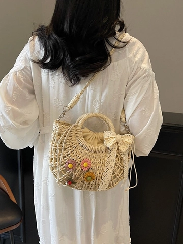 Handwoven Straw Bucket Bag With Lace Bow 3D Flower Decoration Vacation Beach Shoulder Crossbody Bag For Women Pastoral Style