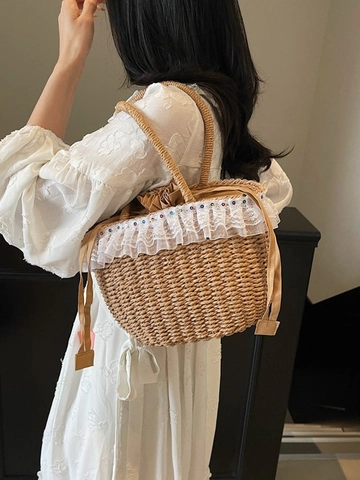 Women Pastoral Lace Straw Woven Handbag Summer Beach Vacation Shoulder Bag With Colorful Beads Drawstring Khaki Tote