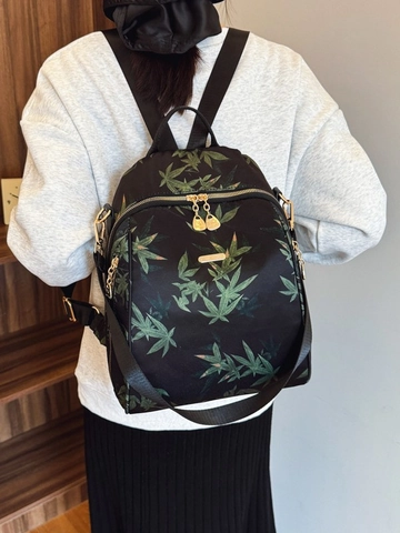 Fashion Women Backpack Bamboo Leaf Print Lightweight Fabric Travel Schoolbag Gold Hardware Ethnic Style Casual Ladies Daypack