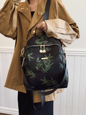 Fashion Women Backpack Bamboo Leaf Print Lightweight Fabric Travel Schoolbag Gold Hardware Ethnic Style Casual Ladies Daypack