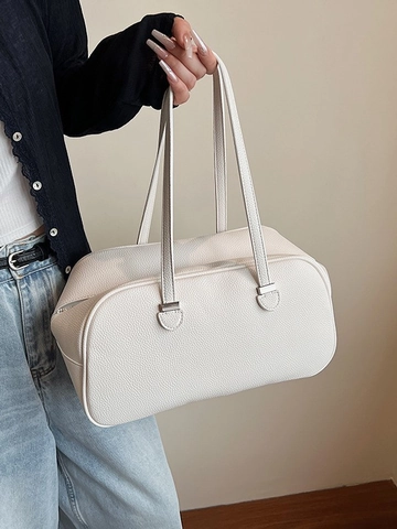 Minimalist PU Leather Lychee Pattern Bowling Bag For Women Large Capacity Underarm Shoulder Bag Double Handles Commute Handbag