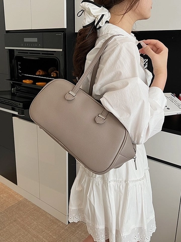 Minimalist PU Leather Lychee Pattern Bowling Bag For Women Large Capacity Underarm Shoulder Bag Double Handles Commute Handbag