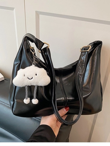 Women Large Capacity PU Leather Tote Bag Fashion Korean Style Simple Hobo Crossbody Bag With Cloud Pendant Shoulder Bag