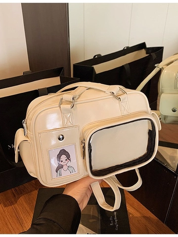 Women Ita Bag Multi-functional Backpack PU Leather Metallic Glossy Shoulder Bag Transparent Window JK Style Fashion Commuter Bag