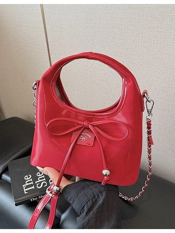 Women Fashion PU Leather Dumpling Bag With Bow Decoration Silver Metal Chain Crossbody Handbag Niche Casual Daily Shoulder Bag
