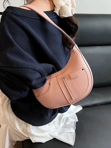 Fashion Trendy Litchi Pattern PU Leather Half Moon Underarm Bag For Women Minimalist Hobo Shoulder Bag With Silver Rivet Detail