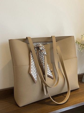 Women Large Capacity PU Leather Tote Bag Pebble Grain Commuter Shoulder Bag With Satin Scarf Decor Retro Underarm Bag