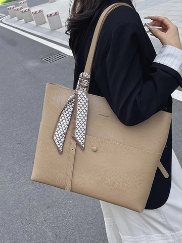 Women Large Capacity PU Leather Tote Bag Pebble Grain Commuter Shoulder Bag With Satin Scarf Decor Retro Underarm Bag