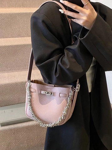 Women Pebbled PU Leather Bucket Bag With Metal Chain Strap Adjustable Shoulder Strap Stylish Twist Lock Crossbody Bag