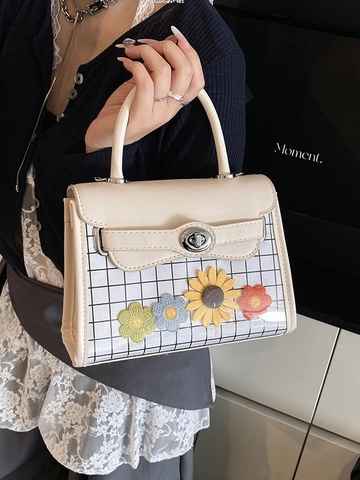Sac à Épaule en Cuir PU à Carreaux Doux pour Femmes Avec Décoration de Fleurs au Crochet Sac à Main Bandoulière de Mode Filles