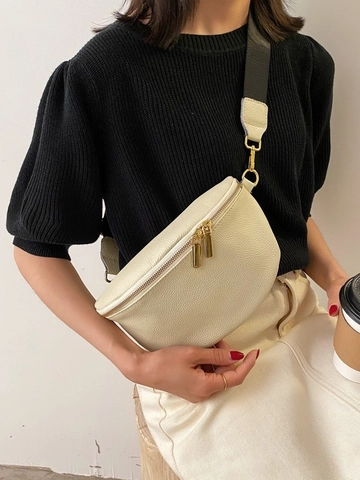 Fashion Lychee Pattern PU Leather Chest Bag For Women Half Moon Waist Bag With Gold Zipper Wide Shoulder Strap Crossbody Bag