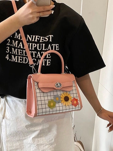 Sac à Épaule en Cuir PU à Carreaux Doux pour Femmes Avec Décoration de Fleurs au Crochet Sac à Main Bandoulière de Mode Filles