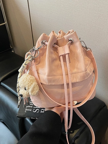 Fashion Women PU Leather Bucket Bag Pleated Texture Drawstring Shoulder Bag Versatile Casual Crossbody Handbag With Puppy Pendant