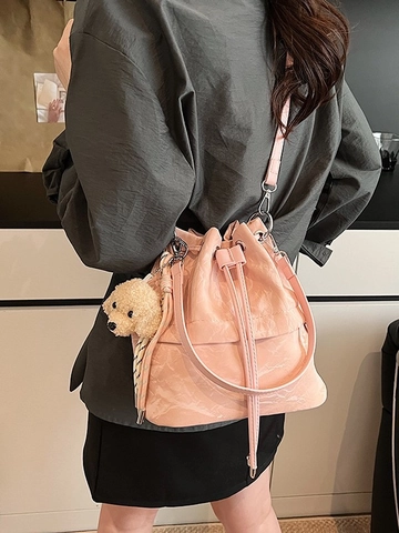 Fashion Women PU Leather Bucket Bag Pleated Texture Drawstring Shoulder Bag Versatile Casual Crossbody Handbag With Puppy Pendant