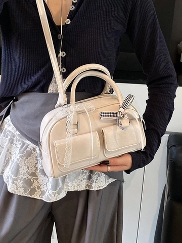 Damen Mode PU Leder Boston Tasche Süße Spitze Schleife Multi-Tasche Schulter Umhängetasche Vintage Bowling Handtasche Y2K Stil