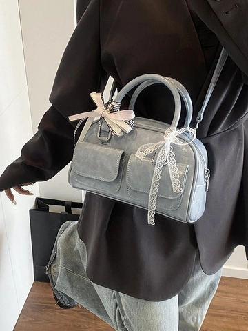 Damen Mode PU Leder Boston Tasche Süße Spitze Schleife Multi-Tasche Schulter Umhängetasche Vintage Bowling Handtasche Y2K Stil
